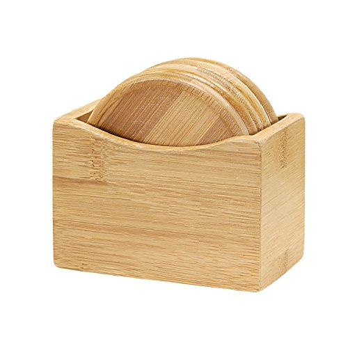 Thirsty Rhino Caban, 5 Piece Round Bamboo Wood Coaster Set with Holder Caddy Gift Box Stand, Bamboo Wood (1 Set, 5 Coasters)