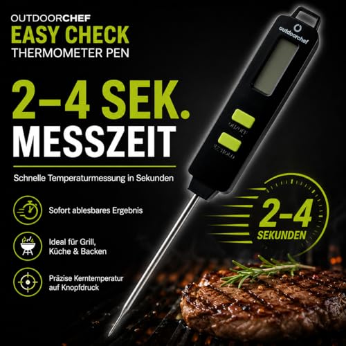 OUTDOORCHEF Easy Check Thermometer Pen digitales Einstechthermometer - Grillthermometer,2-4 Sek. Messung, beleuchtetem Display, -50 bis 300°C, Ø 1,7 mm Spitze 2