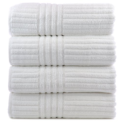 Bare Cotton de Luxe Hôtel et Spa Serviettes de Bain, rayé, Blanc, Lot de 4, Blanc, Bath Towel - Set of 4 Cover