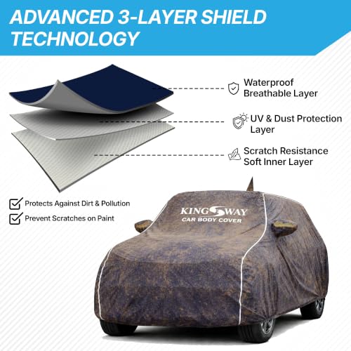 Image of KINGSWAY Super Waterproof Car Cover Only with Duster (Year 2026 Onwards - All Model) | Mirror and Antenna Pockets | All Weather Car Body Cover with Silver Piping | Blue