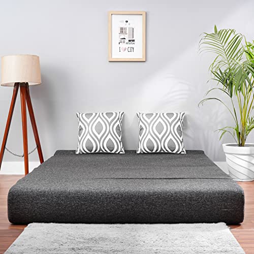Image of Convertible Fabric Sofa Cum Bed | Foldable Double Foam & Washable Cover with Cushions | Modern Design Use Living Room & Guest Room (Dark-Grey-Multi-Silver, 4X6 Ft)