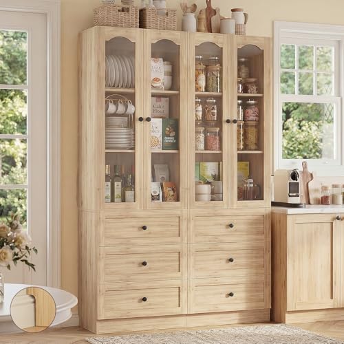 Image of Cyclysio 80 inch Tall Pantry Cabinet for Kitchen Storage, 2 Set Natural Oak Pantry Cabinet with Glass Doors & 3 Drawers - Freestanding Storage Bookcase with Built-in Baseboard Notch for Dining, Living