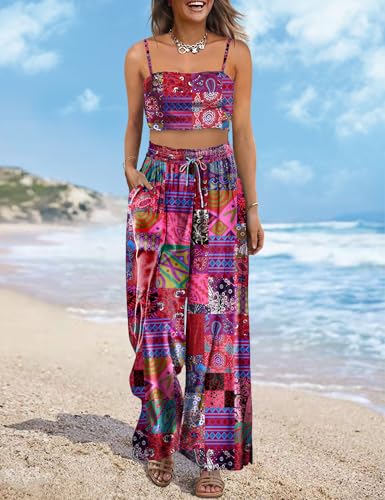 YESNO Women Summer Boho Palazzo Pants High Waist Wide Leg Floral Casual Cotton Lounge Trousers with Pockets L PP0 P002R2