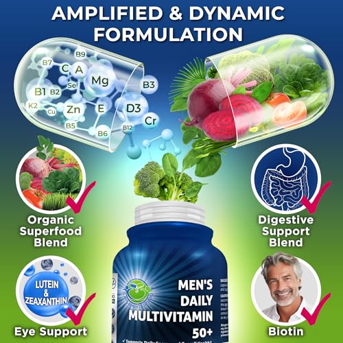 Image of Men's Daily Multivitamin 50 Plus - Vegan Methylated Multivitamin for Men 50 and Over - Saw Palmetto, Biotin, Organic Superfoods, Lutein - Eye, Energy, Gut, Health Support - Easy to Swallow Capsules