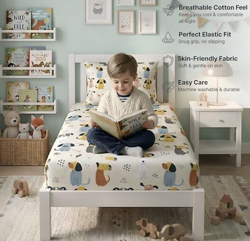 Image of VAS COLLECTIONS Single Bed Fitted Bedsheet 36x72+8 Inches with 1 Pillow Cover | 180 TC Microfiber Elastic Bed Sheet | Soft Breathable Cute Printed Design for Kids & Couples (Kid Puppy Print)