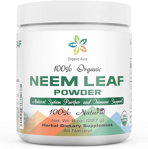 Polvo orgánico de hoja de neem Aura (Azadirachta Indica) 8 onzas. 100% puro y crudo. Agente desintoxicante natural milagro. Suplemento de
