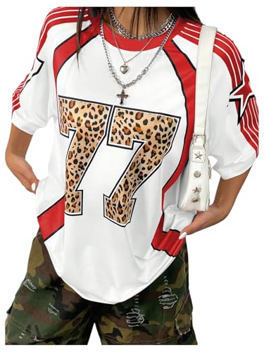 WDIRARA Women's Leopard Number Print Jerseys Oversized Colorblock Drop Shoulder Crew Neck Short Sleeve T-Shirt