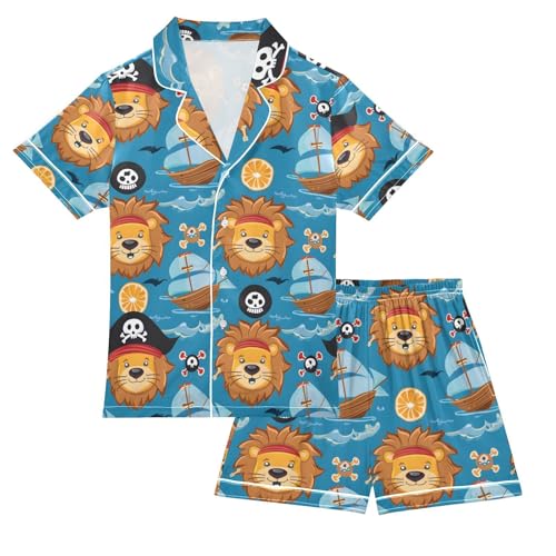 ALAZA Pirate Lion Skeleton Pajamas Satin Pajama Set Short Sleeve Button Down Sleepwear