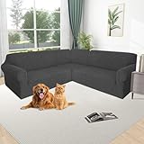 MINGPINHUIUS Sofabezug L Form Stretch Sofabezug aus Samt für 5 Sitzer Ecksofa, Anti Rutsch Sofa Überzug L Form Dicker weicher waschbarer Möbelschutz (Dunkelgrau Jacquard, 5 Sitzer)