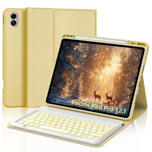 IVEOPPE �L�[�{�[�h�P�[�X Xiaomi Redmi Pad Pro 12.1�C���` 2024/Xiaomi Poco Pad 12.1�C���`�p 7�F�o�b�N���C�g ���O���\��Bluetooth���C�����X�L�[�{�[�h �X���� PU�X�^���h�J�o�[ �y��