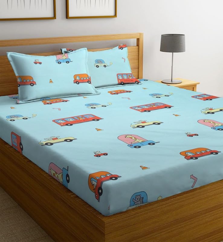 NHD HOME Cotton All Around Elastic Fitted Premium Prints Queen Size Double Bed Bedsheet with 2 Large Pillow Covers Fits Upto Mattress of 8 Inches,Size-60" x 78" Kids Sky Blue (B0CRD5TYWP) Amazon Price History, Amazon Price Tracker