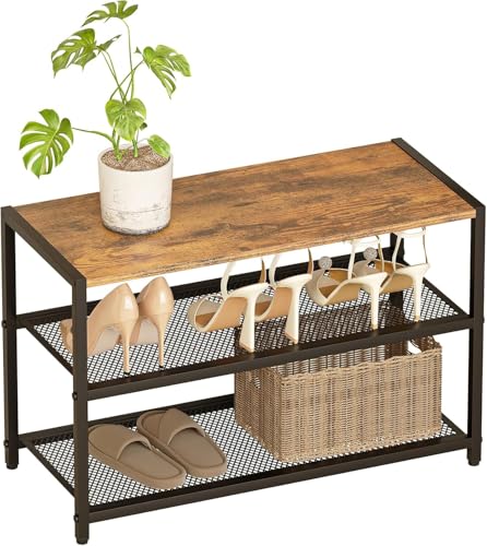 Image of Wooden 3-Tier Shoe Bench with Hanging Heel Storage, Industrial Entryway Organizer, Wooden Top Seating Bench, Metal Mesh Shelves Shoe Rack for Hallway and Closet
