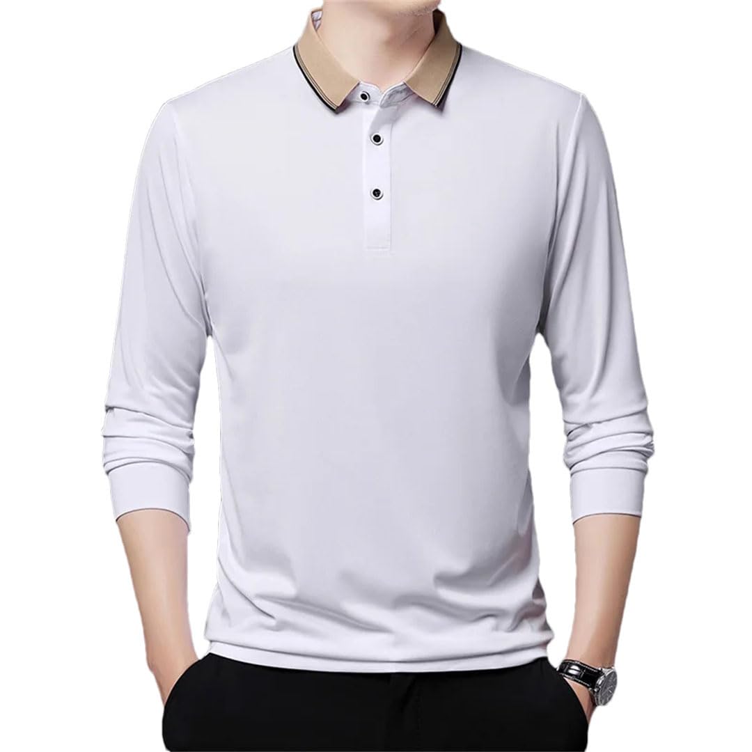 Camisa de manga larga para hombre, cuello polo, bordada, holgada, color liso, blanco, XXL