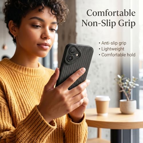 Image of amazon basics Luxury 3D Knitted Texture Soft Silicone Back Cover for iPhone 17 | Slim Fit Shockproof Case with Camera Protection & Non-Slip Grip - Black