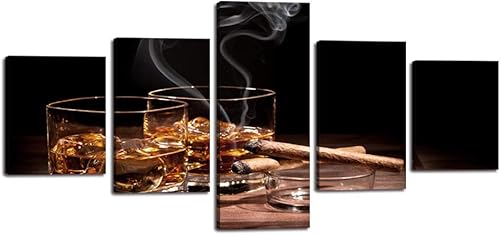 Lienzo decorativo para pared, pintura de cigarros y vino, copa de vino, whisky, cigarrillo, imagen, 5 paneles, licor bodegón, pósters, impresiones
