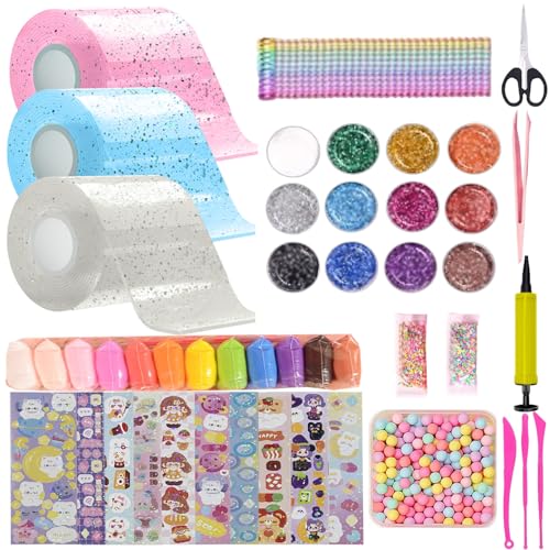 FFTANXS Set di 53 nanotape (5 cm x 3 m) + 50 pacchetti materiali deluxi, nano-band per alleviare lo stress e il divertimento, set di bolle per ragazze e ragazzi, feste (rosa + blu + bianco)