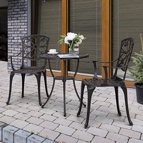 NUU GARDEN 3 Piece Outdoor Bistro Set Cast Aluminum Bistro Table Set Patio Table and Chairs with Umbrella Hole for Backyard, Balcony, Front Porch, Black