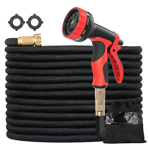 Merterks Expandable Garden Hose 50ft Water Hose with 10 Function Nozzle No-Kink Lightweight Flexible Hose Durable 3-Layers Latex with 3/4 Inch Solid Brass Fittings for Watering & Washing, Black