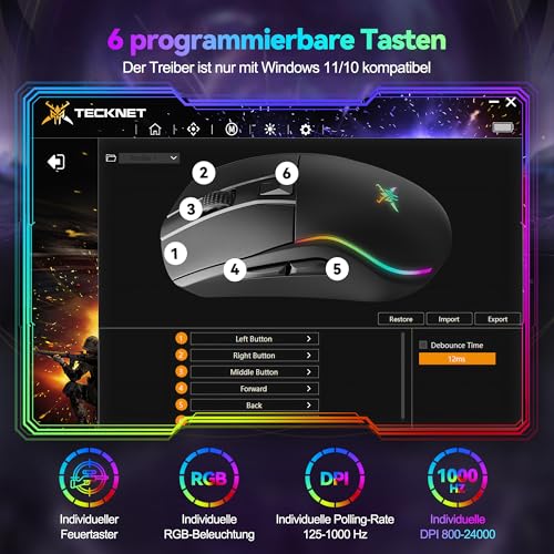 TECKNET Gaming Maus Kabellos, RGB Wiederaufladbare Maus mit 24000 DPI, 2.4G/USB-C/Bluetooth Ergonomische Gaming Mouse mit 6 Programmierbare Tasten, 1000Hz Abfragerate, 300 IPS für PC/Mac Gamer – Bild 5