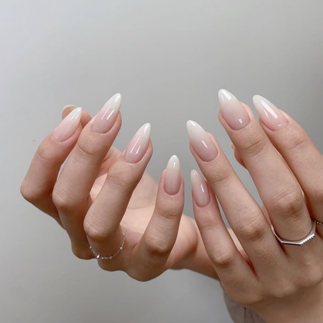 KQueenest Ombre Press on Nails Almond, French Tip False Nails Medium Stiletto, Gradient Nude Pink Fake Nails Press ons