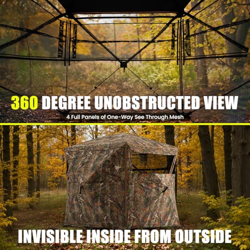 HUNTSEN 360 Degree See Through Hunting Blind with Double Open Door - Lightweight Soft Material Portable Pop Up Ground Blind - 2-3 Person Concealed Camouflage Tent with Carrying Bag for Deer & Turkey