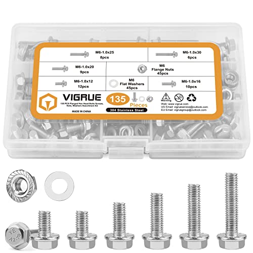 M6-1.0 x 12/16/20/25/30mm Flanged Hex Head Bolts, VIGURE 135PCS M6 Flange Hexagon Screws Serrated Flange Nuts Washers, Stainless Steel 18-8 (304), DIN 6921
