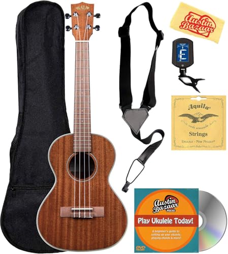 Kala KA-TG Gloss Mahogany Tenor Ukulele Bundle with Gig Bag, Tuner, Strap, Strings, Austin Bazaar Instructional DVD, and Polishing Cloth