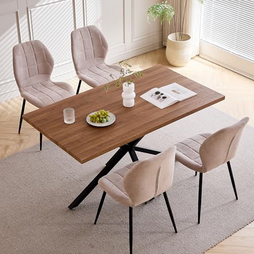 JZGORC de Conjunto de Comedor 140 x 78 x 77 cm con Mesa Rectangular de Madera, 4 Sillas de Respaldo Alto y Patas de Metal Lacado en Negro (Mesa Marrón Oscuro + Sillas Beige)