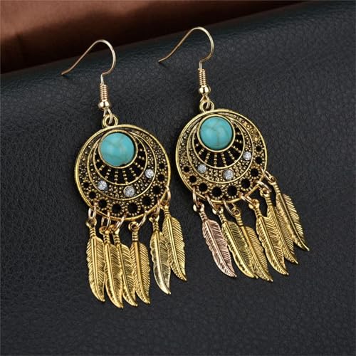 Boho Turquoise Drop Earrings Retro Long Copper Feather Tasse Metal Leaf Dangle Earrings Vintage Country Western Jewelry Cowgirl Ethnic Style Geometric Concert Festival Accessories for Women4