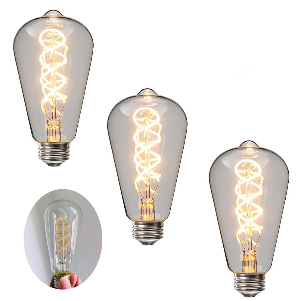Ruihua 3Packs E27 4W Clear Glass Double Spiral Flexible Bulb ST64 Vintage LED Filament Bulb(40W Equivalent) Warm White 2700K 400LM Retro Edison LED Bulb Not Dimmable Energy Saving Lamp,AC 220-240V