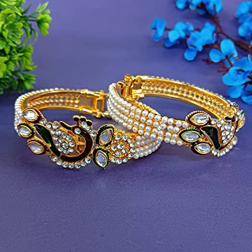 Efulgenz Rakshabandhan Indian Bangles for Women Women's Bangle Bracelets Fashion Jewelry Indian Bollywood Faux Pearl Kundan Rhinestone Peacock Hinge Open able Cuff Bracelet Bangle2