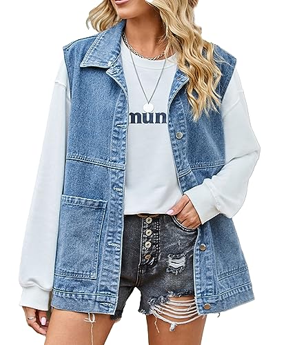 Image of PAODIKUAI Women's Oversized Denim Vest - Sleeveless Distressed Jean Vest with Pockets for Casual Layering