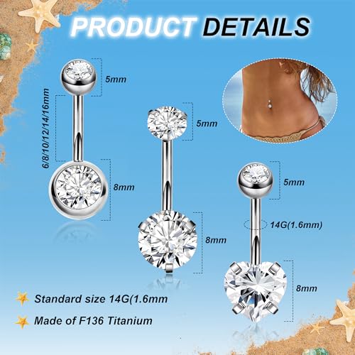 REVOLIA 3Pcs 14G F136 Titanium Belly Button Rings for Women Hypoallergenic Cubic Zirconia Navel Rings Heart Belly Rings Sliver Pretty Belly Piercing Barbells 6-16mm3