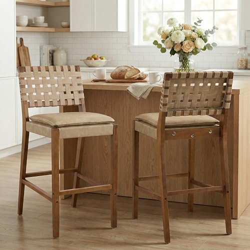 Christopher Knight Home Caitlyn Butaco de Altura para Barra Set de 2, Butaco de Cuero PU para Isla de Cocina, Silla de Comedor de Madera, Butaco con Reposapiés, Marrón Claro+Nogal miniatura 1
