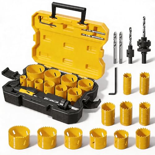 KATA Bi-Metal Hole Saw Kit, 18 Piece M42 Steel Hole Saw Set with 3/4'-2-1/2'(19-64mm) Saw Blades, Hole Saws Drill Bits Hole Cutter Kits with Storage Case, Holesaw Cutting for Thin Metal, Hard Wood
