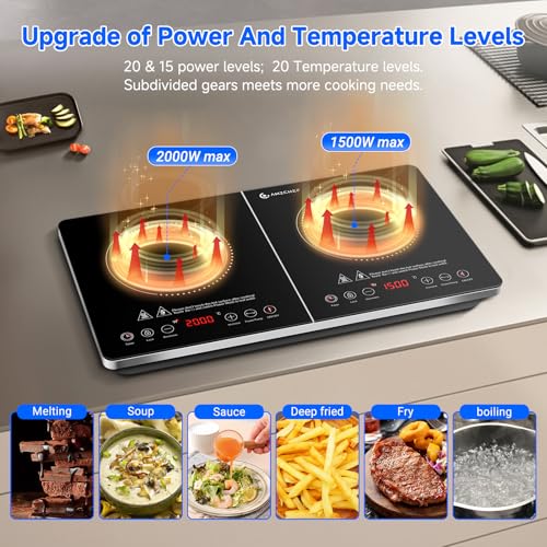 Induktionskochfeld 2 Platten, AMZCHEF Induktionsplatte Doppelt 3500W mit Unabhängigen Steuerungen, 20 Temperaturstufen, mehrere Leistungseinstellungen, Verbesserter IGBT, 4-Stunden-Timer – Bild 3