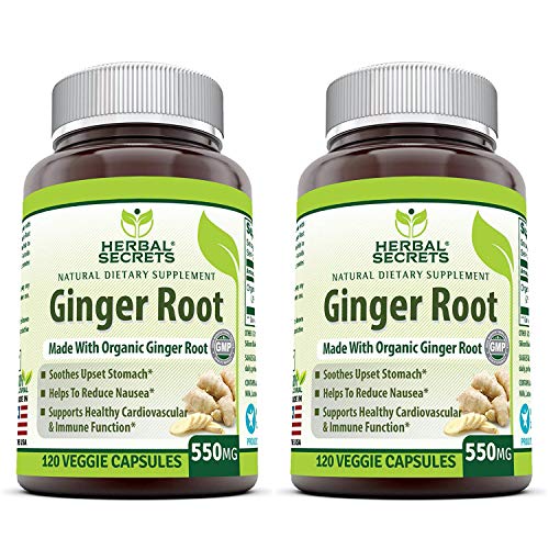 Herbal Secrets Ginger Root Supplement 550 Mg Capsules (Non-GMO) - Helps to Reduce Nausea, Supports Cardiovascular & Immune Function, Soothes Upset Stomach* (Pack of 2-120 Veggie Capsules)