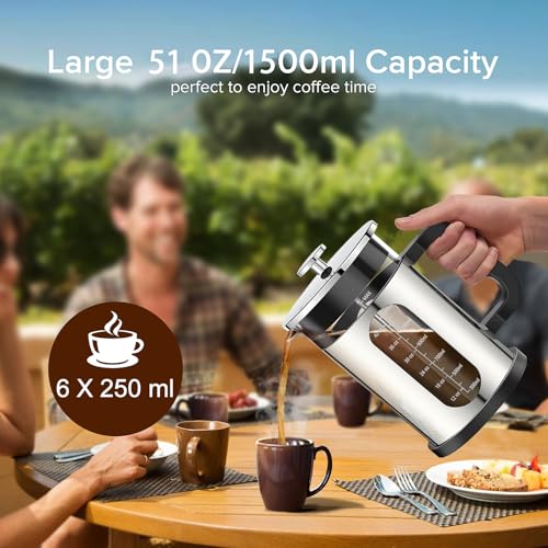 QUQIYSO French Press Coffee Maker 51oz 304 Stainless Steel French Press with 4 Filter, Borosilicate Glass Coffee Press