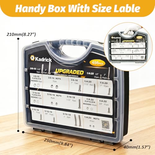 Image of Kadrick 456Pcs 18-8(304) Stainless Steel Hex Bolts Assortment,1 /4-20 5 /16-18 3 /8-16 Heavy Duty Bolts and Nuts Kit, Assorted SAE Bolts Nuts Flat&Lock Washers,Lenth Form 1 /2''-2''