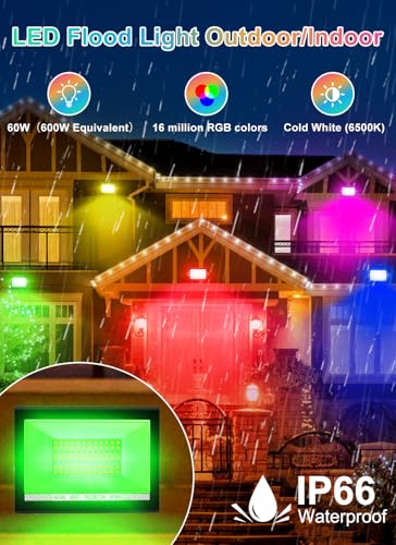 Image of T-SUN LED Flood Lights Outdoor 60W, 600W Equivalent 6000LM Color Changing Landscape Light with APP Control, Waterproof Floodlights with 2700K & 16 Million Colors, Timing, Music Sync, US Plug(6 Pack)
