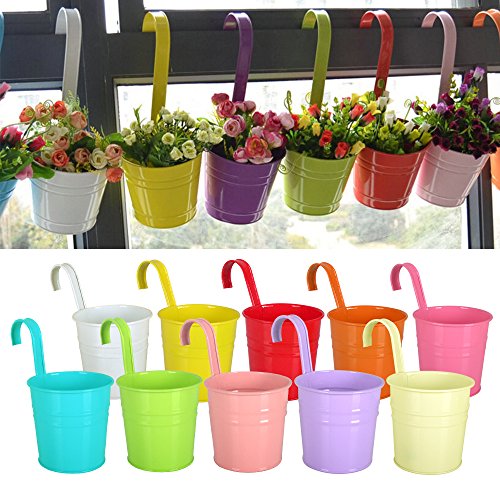 Reelva Flower Pots Acelectronic 10 Bright Colors Metal Iron Hanging Flower Pot, Balcony Garden Plant Planter, Home Decor 10 Pieces Assorted Color Planters Christmas Gift