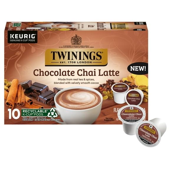 Twinings Chocolate Chai Latte Tea K-Cup Pods for Keurig, Velvety Smooth Cocoa with Real Spiced Tea, Caffeinated, Enjoy Hot or Iced - 10 Count