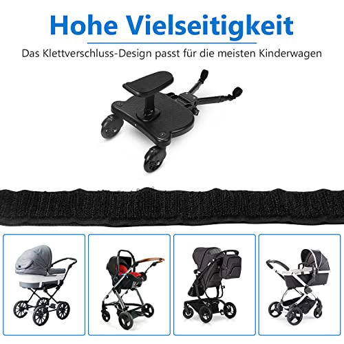 Tubiaz Buggy Board mit Sitz, Kiddy Board Trittbrett, Universal Stehbrett, 360°Zweirad Design, Kinderwagen Zubehör, mit Kinderwagensitz, passend für jeden Kinderwagen erhältlich(Schwarz)