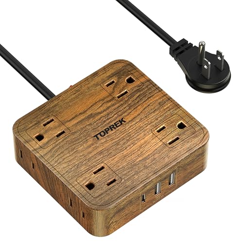 TOPREK Power Strip Surge Protector (1080J) 8 Widely-Spaced Outlets with 1 USB-C & 2 USB-A Wood Finish Power Strip with USB for Home Office Dorm Travel 5 FT Extension Cord with Flat Plug