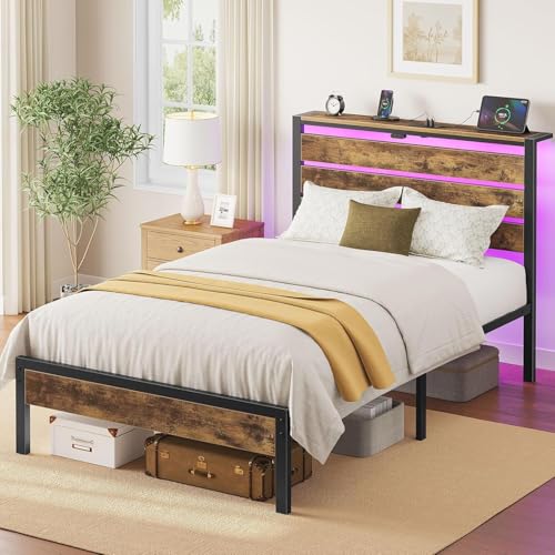 Image of Rolanstar Bed Frame Twin Size with USB Charging Station, LED Bed Frame with Wood Storage Headboard, Rustic Brown Metal Platform Bed with Under Bed Storage, No Box Spring Needed, Noise Free