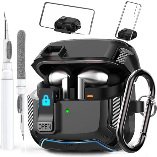 Galaxy Buds 3 Pro/3/3 FE Case Cover with Phone Stand&Lock Clip, Shockproof Samsung Galaxy Buds 3 FE/3/3 Pro Protective Hard Cover Shell with Carabiner&Cleaner kit for Men Women, Black