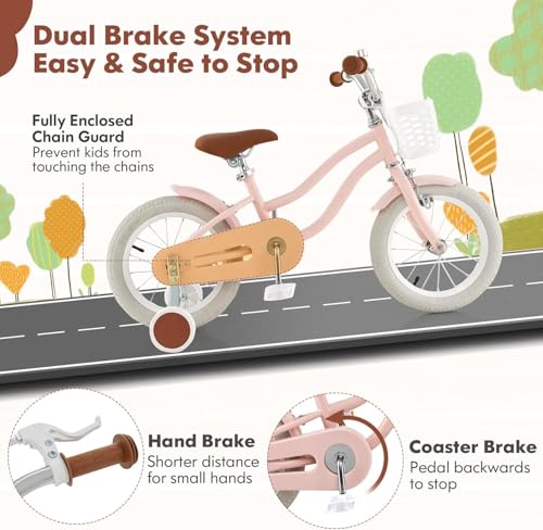 HOMGX 14”/16”/18” Kids Bike for Boys & Girls Aged 3-8 Years Old w/Training Wheels, Basket, 95% Pre-Assembled (Pink, 14