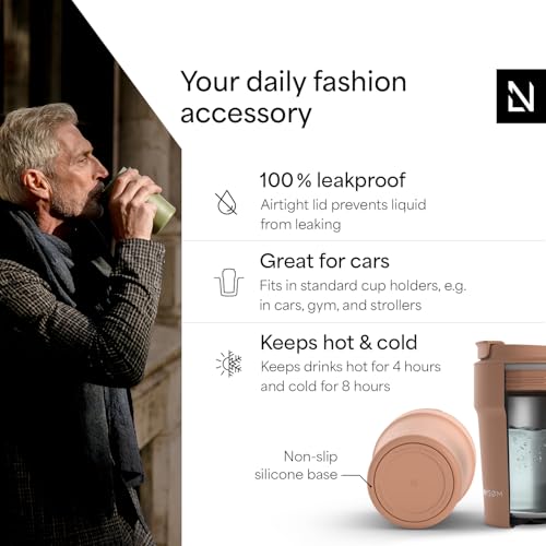 Image of LARS NYSOM Thermo Coffee Mug to go 13oz | Travel Mug 0.38 Liter with Insulation | Silicone grip base | Leak Proof Stainless Steel Tumbler for Coffee and Tea on the Go (Powder Rose, 13oz)