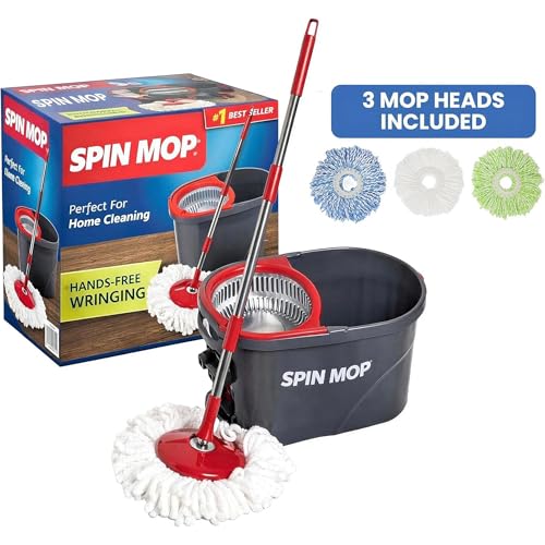 SIMPLI-MAGIC 79349 Spin Mop Cleaning System with 3 Microfiber Mop Heads, Red/GRAY,Red/Black