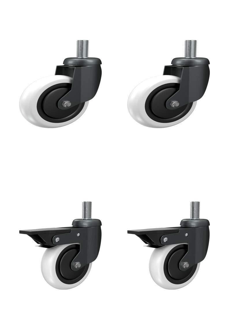 Set 4 Ruote 60mm 240kg in Gomma Bianca di Design con Supporto a perno filettato, doppio giro di sfere e Freno per arredamento Made in Italy